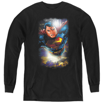 Black youth long sleeve t-shirt with Superman In The Sky graphic