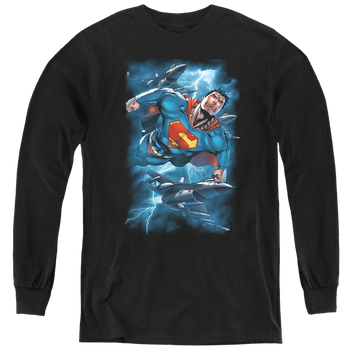 Black youth long sleeve t-shirt with Superman Stormy Flight graphic
