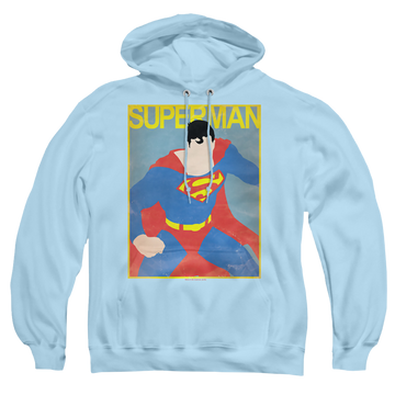 Light blue pullover hoodie with Superman Simple Sm Poster graphic