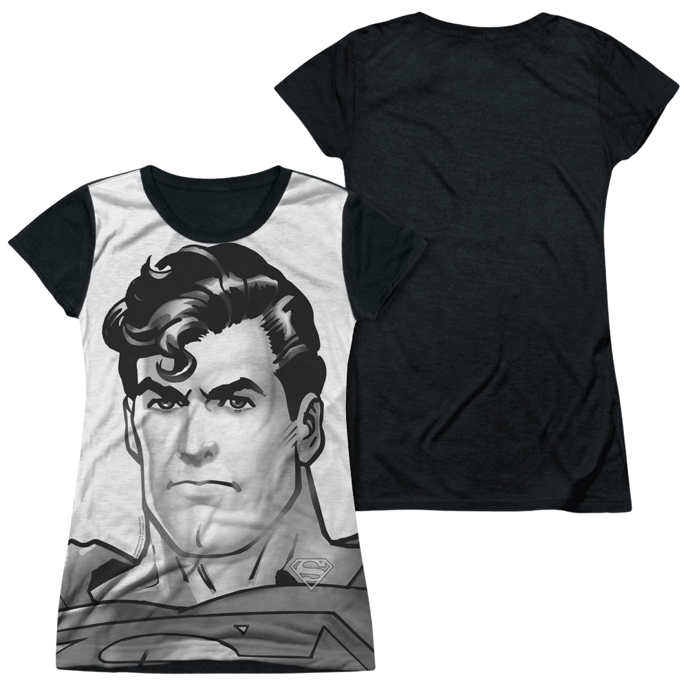 Superman Bw Supes Head - Juniors Black Back T-Shirt Juniors Black Back T-Shirt Superman