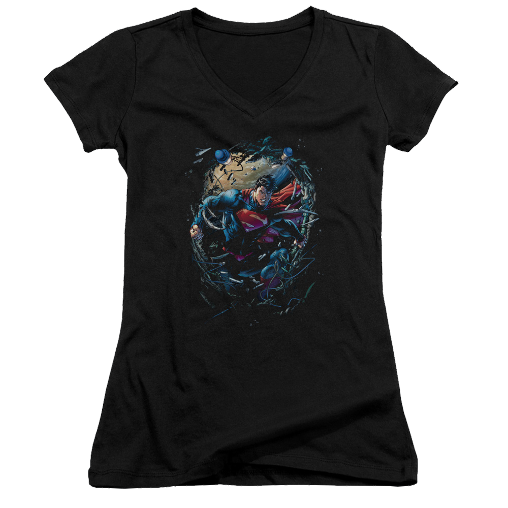 Superman Breaking Space - Juniors V-Neck T-Shirt Juniors V-Neck T-Shirt Superman
