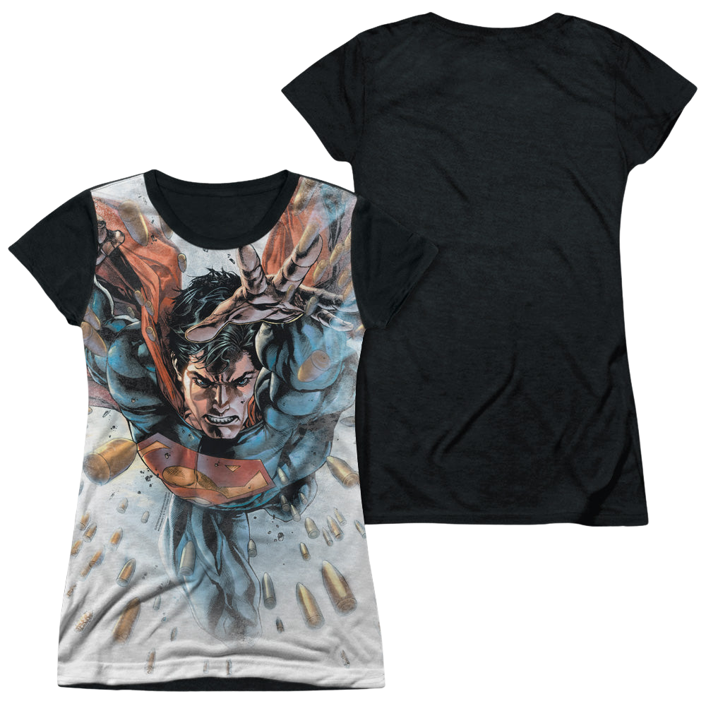 Superman Bullets In The Sky - Juniors Black Back T-Shirt Juniors Black Back T-Shirt Superman
