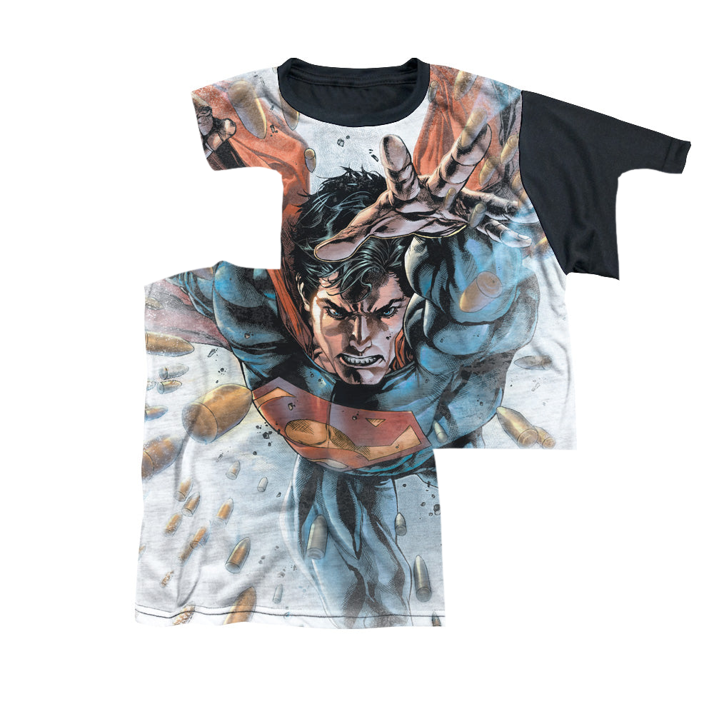 Superman Bullets In The Sky - Youth Black Back T-Shirt Youth Black Back T-Shirt (Ages 8-12) Superman