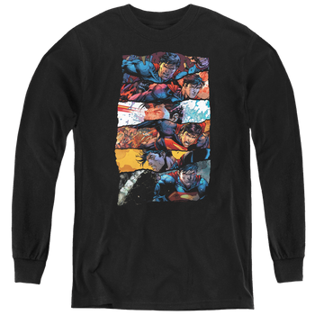 Black youth long sleeve t-shirt with Superman Torn Collage graphic