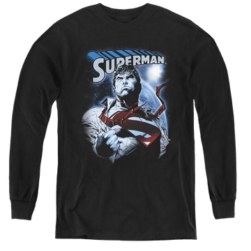 Black youth long sleeve t-shirt with Superman Protect Earth graphic