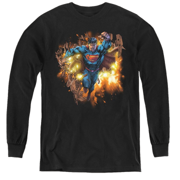 Black youth long sleeve t-shirt with Superman Blasting Through graphic