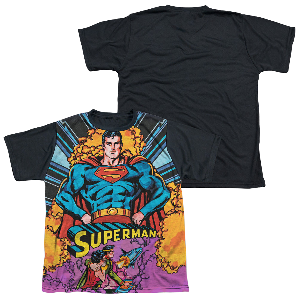 Superman Blast Off - Youth Black Back T-Shirt Youth Black Back T-Shirt (Ages 8-12) Superman