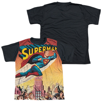 Superman City Flying youth black back t-shirt for ages 8 to 12