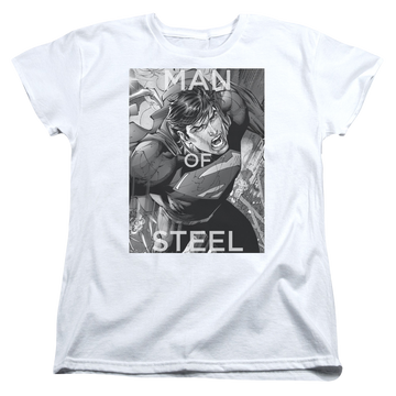White women's t-shirt with Superman Flight Of Steel graphic