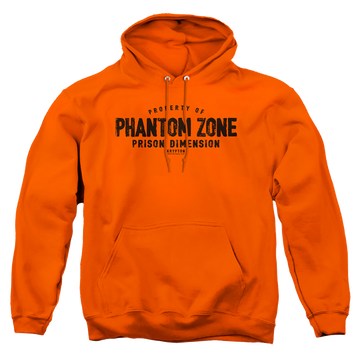 Orange pullover hoodie with Superman Phantom Zone graphic