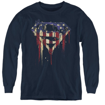 Navy youth long sleeve t-shirt with Superman Bleeding Shield graphic