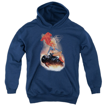 Navy youth hoodie for ages 8 to 12 with Superman Supergirl Ride It Out graphic