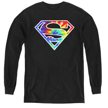 Black youth long sleeve t-shirt with Superman Tie Dye Logo graphic