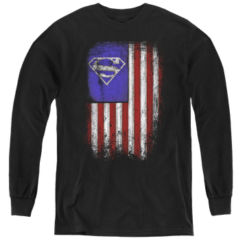 Black youth long sleeve t-shirt with Superman Old Glory Shield graphic