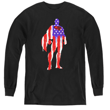 Black youth long sleeve t-shirt with Superman Flag Silhouette graphic
