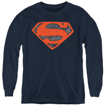 Navy youth long sleeve t-shirt with Superman Vintage Shield Collage graphic