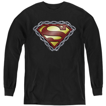 Black youth long sleeve t-shirt with Superman Chained Shield graphic