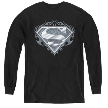 Black youth long sleeve t-shirt with Superman Biker Metal graphic