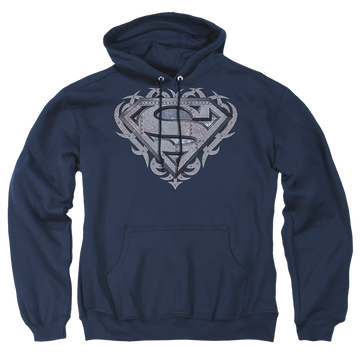 Navy pullover hoodie with Superman Tribal Steel Shield graphic