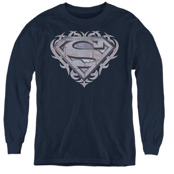 Navy youth long sleeve t-shirt with Superman Tribal Steel Shield graphic