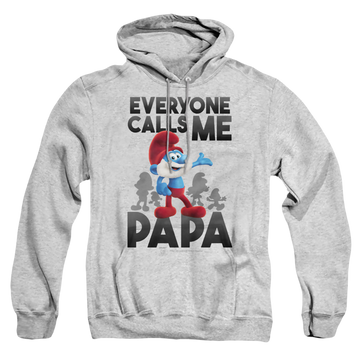 Athletic heather pullover hoodie with The Smurfs Call Me Papa Smurf graphic