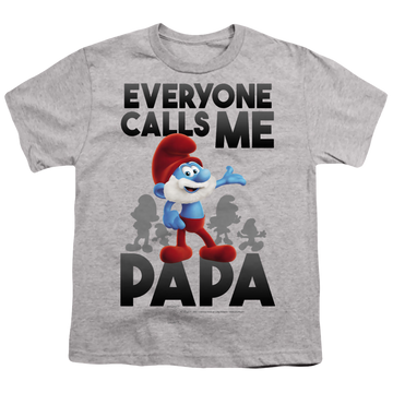 Athletic heather youth t-shirt for ages 8 to 12 with The Smurfs Call Me Papa Smurf graphic