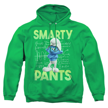 Kelly green pullover hoodie with The Smurfs Brainy graphic