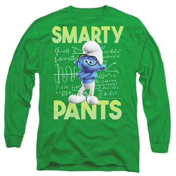 Kelly green men's long sleeve t-shirt with The Smurfs Brainy graphic
