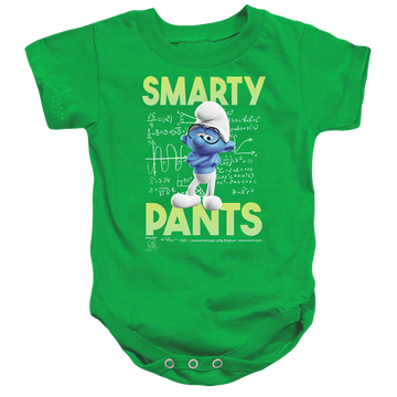 Kelly green baby bodysuit with The Smurfs Brainy graphic