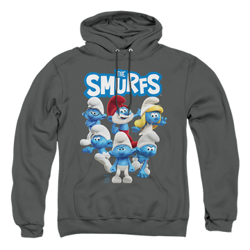 Charcoal pullover hoodie with The Smurfs Group Shot graphic