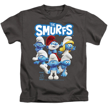 Charcoal kid's t-shirt for ages 4 to 7 with The Smurfs Group Shot graphic