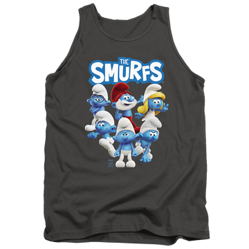 Charcoal men's tank with The Smurfs Group Shot graphic