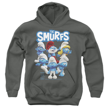Charcoal youth hoodie for ages 8 to 12 with The Smurfs Group Shot graphic