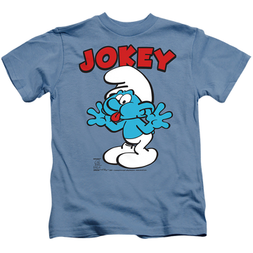 Carolina blue kid's t-shirt for ages 4 to 7 with The Smurfs Jokey graphic