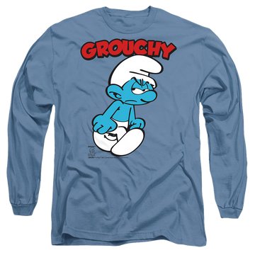 Carolina blue men's long sleeve t-shirt with The Smurfs Grouchy graphic