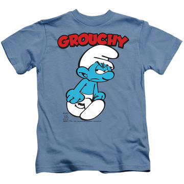 Carolina blue kid's t-shirt for ages 4 to 7 with The Smurfs Grouchy graphic
