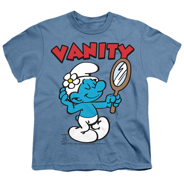 Carolina blue youth t-shirt for ages 8 to 12 with The Smurfs Vanity graphic