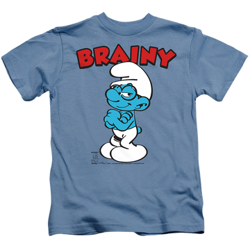 Carolina blue kid's t-shirt for ages 4 to 7 with The Smurfs Brainy graphic