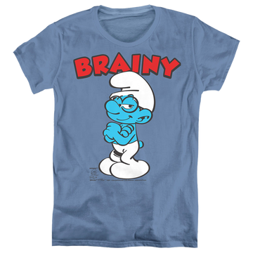 Carolina blue women's t-shirt with The Smurfs Brainy graphic