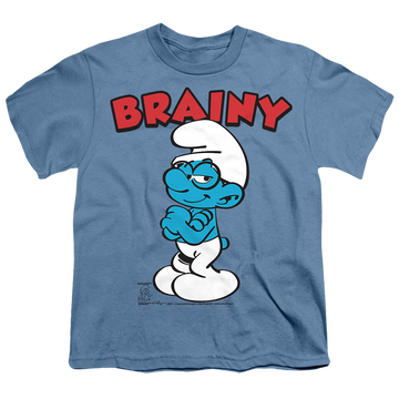 Carolina blue youth t-shirt for ages 8 to 12 with The Smurfs Brainy graphic