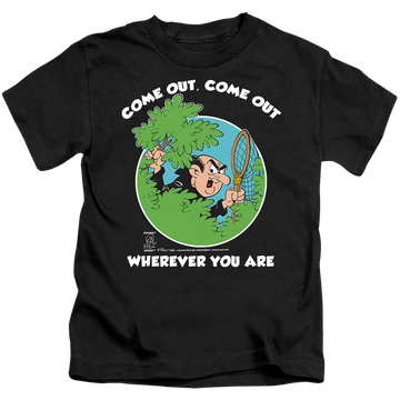 Black kid's t-shirt for ages 4 to 7 with The Smurfs Gargamel graphic