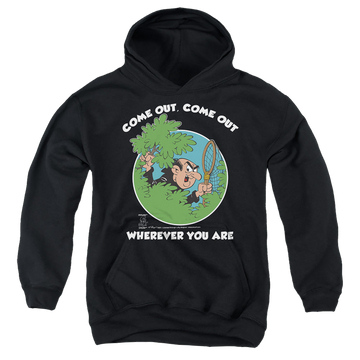 Black youth hoodie for ages 8 to 12 with The Smurfs Gargamel graphic