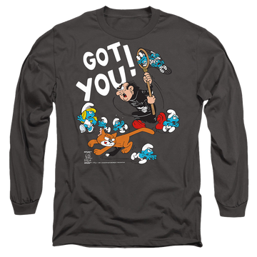 Charcoal men's long sleeve t-shirt with The Smurfs Gargamel And Azrael graphic