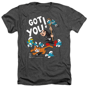 Charcoal men's heather t-shirt with The Smurfs Gargamel And Azrael graphic
