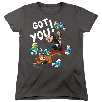 Charcoal women's t-shirt with The Smurfs Gargamel And Azrael graphic