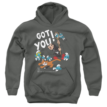 Charcoal youth hoodie for ages 8 to 12 with The Smurfs Gargamel And Azrael graphic