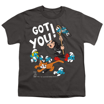 Charcoal youth t-shirt for ages 8 to 12 with The Smurfs Gargamel And Azrael graphic