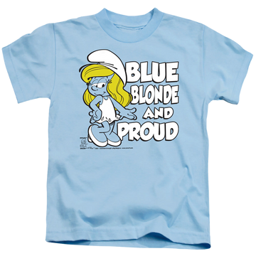 Light blue kid's t-shirt for ages 4 to 7 with The Smurfs Blue, Blonde And Proud graphic