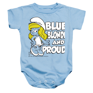 Light blue baby bodysuit with The Smurfs Blue, Blonde And Proud graphic