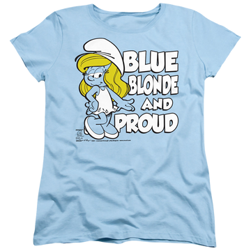 Light blue women's t-shirt with The Smurfs Blue, Blonde And Proud graphic